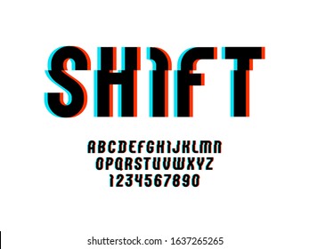 Alphabet of distorted glitch effect. Shifted modern black font, latin letters from A to Z and numbers from 0 to 9 with effect sliced. svg
