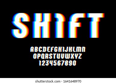 Alphabet of distorted glitch effect. Shifted modern white font, latin letters from A to Z and numbers from 0 to 9 with effect sliced. svg