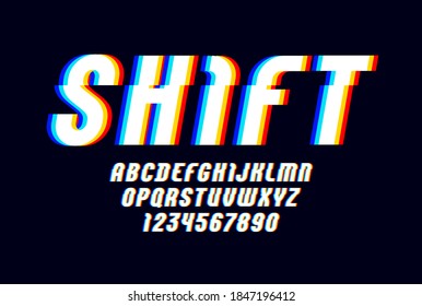 Alphabet of distorted glitch effect. Shifted modern white font, italic latin letters from A to Z and numbers from 0 to 9 with effect sliced. svg