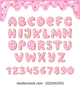Alphabet donut vector kids alphabetical doughnuts font ABC with pink letters and glazed numbers with icing or sweet alphabetic typography for happy birthday illustration isolated on white background