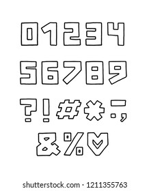 Alphabet doodle design. Numbers and punctuation marks. Bold font clip art, linear style. Hand drawn vector illustration. EPS 10
