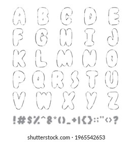 Alphabet. Doodle drawing font with uppercase letters and different symbols. Part of set.
