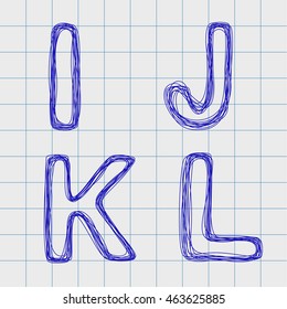  Alphabet drawn by hand in a notebook for exercises. Outline font style. Easy to edit. Caps I, J, K, L
