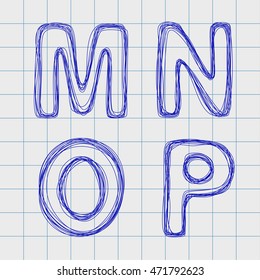  Alphabet drawn by hand in a notebook for exercises. Alphabet letters in the form of a plurality of loops. Outline font style. Easy to edit. Caps Look M, N, O, P
