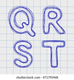  Alphabet drawn by hand in a notebook for exercises. Alphabet letters in the form of a plurality of loops. Outline font style. Easy to edit. Caps Look Q, R, S, T