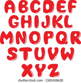 Alphabet. Drawn letters with decorative elements. English alphabet, typography set. Bold red capital letters. Isolated characters. Vector