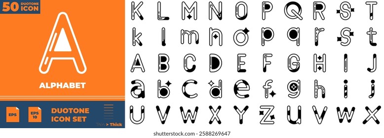 Alphabet Duotone Editable Icons set. Vector illustration in modern thin duotone style of alphabet icons: font, education, organs, etc