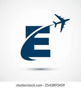 Alphabet E with aero plane. Travel icon. Aviation logo sign, Flying symbol. Flight icon