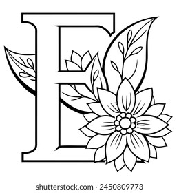Alphabet E coloring page with the flower, E letter digital outline floral coloring page, ABC coloring page