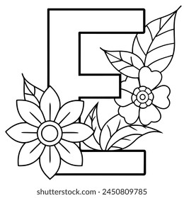 Alphabet E coloring page with the flower, E letter digital outline floral coloring page, ABC coloring page