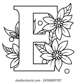 Alphabet E coloring page with the flower, E letter digital outline floral coloring page, ABC coloring page