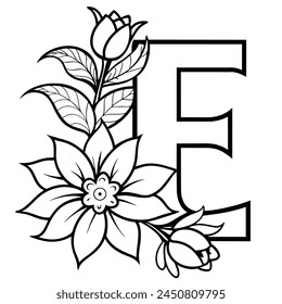 Alphabet E coloring page with the flower, E letter digital outline floral coloring page, ABC coloring page