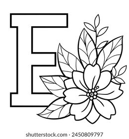 Alphabet E coloring page with the flower, E letter digital outline floral coloring page, ABC coloring page