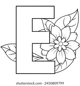 Alphabet E coloring page with the flower, E letter digital outline floral coloring page, ABC coloring page
