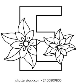 Alphabet E Farbseite mit der Blume, E-Buchstabe digitale Umrisse Blumenfarbseite, ABC Farbseite