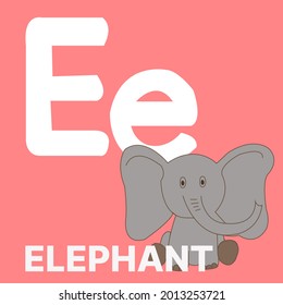 Alphabet E, E for elephant. Vector illustration of educational alphabet card cartoon character for kids.