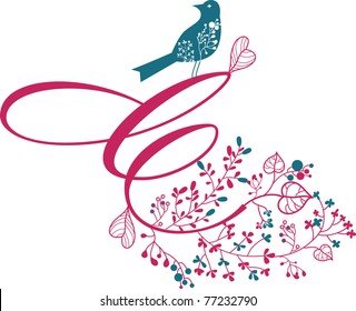 alphabet e floral with blue bird