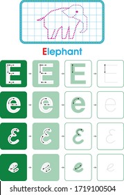 Alphabet E learning letter set practice with elephant for kids worksheet write isolated background. Vector illustration