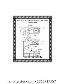 Alphabet E Letter Coloring Page with Cartoon Vocabulary Learning Worksheet for Preschool, Kindergarten, and Kids Ages 3-5. E Letter Illustration. Alphabet Coloring Page is perfect gift for children.