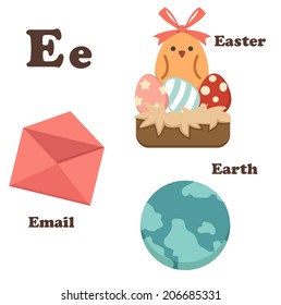 Alphabet E letter. Earth,Easter,Email