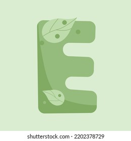 Alphabet E letter green color with flowers design for postcard print.