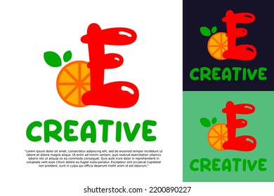 alphabet E logo and fresh citrus fruit in modern style.