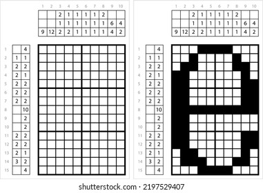 Alphabet e Lowercase Nonogram Pixel Art, Character e, Language Letter Graphemes Symbol Vector Art Illustration, Logic Puzzle Game Griddlers, Pic-A-Pix, Picture Paint By Numbers, Picross
