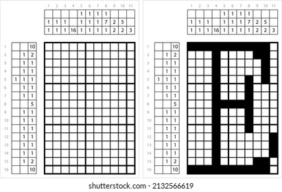 Alphabet E Arte De Píxel No-Gráfica, Carácter E, Letra Lingüística Símbolo Ilustración De Arte Vector, Griddlers De Juego De Rompecabezas Lógico, Pic-A-Pix, Pintura De Imagen Por Números, Picross