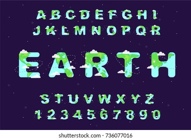 Alphabet Earth. Earth Day Font. Eco ABC. Elements design. Space Alphabet. Cute Cartoon Earth, Planets, rockets, clouds and satellites. Kid's card,banner, background. Hand drawn elements.