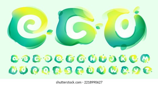 Alphabet in eco gradient splash blots with green leaf. Negative space environment friendly icons. Illusion effect emblem. Perfect for agriculture art, waste recycling logos, healthy food packaging