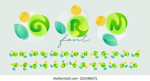 Alphabet eco logos in round splashes with green leaves and sun. Realistic glassmorphism style translucent icon. Environment friendly negative space emblem for agriculture advertising, and healthy food