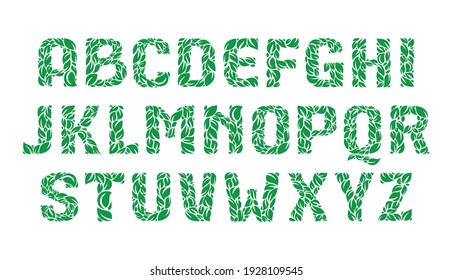 Alphabet ecology letters from a green leaves. Font style, vector design template elements for your application or corporate identity.