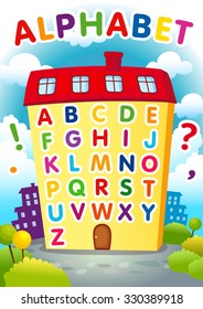 Alphabet educational house. English ABC poster in a shape of the house. Welcome back to school, learning letters from A to Z vector banner. Game or cards set for toddlers. Isolated colored collection.