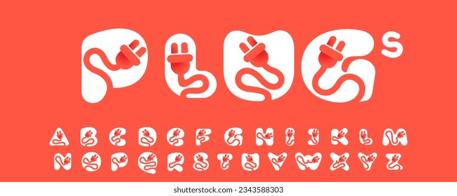 Alphabet with electrical plug logos. Negative space technology icon. Power energy brand concept. Vector typeface for electric vehicle identity, eco-friendly hybrid cars, charging point and accessories
