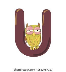 alphabet element brown letter U and owl