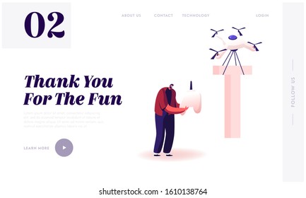 Alphabet Element, Futuristic Technologies Website Landing Page. Happy Man Control Quadcopter which Carry Huge Letter T as Part of Thank You Typography Web Page Banner. Cartoon Flat Vector Illustration