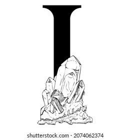 Elemento alfabético. Fuente dibujada a mano para la tipografía, portadas de libros, folletos, revistas, medios sociales. Letra mayúscula I con cristales de piedras preciosas de estilo gráfico en blanco y negro.
