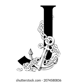 Alphabet element. Hand drawn font for typography, book covers, booklets, magazines, social media. Capital letter J with chains and anchor in black and white vintage style.