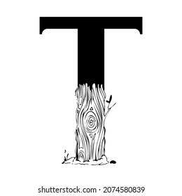 Alphabet element. Hand drawn font for typography, book covers, booklets, magazines, social media. Capital letter T with a tree trunk and branches in the style of black and white vintage graphics.