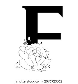 Alphabet element. Hand drawn font for typography, book covers, booklets, magazines, social media. Capital letter F with flowers, plants, leaves in black and white vintage graphic style.