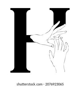 Alphabet element. Hand drawn font for typography, book covers, booklets, magazines, social media. Capital letter H with hands, palms in black and white vintage graphic style.