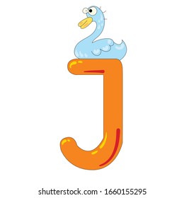 Alphabet element orange letter J on which the duck sits with big eyes