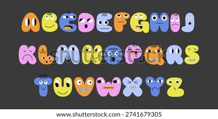Alphabet with emotion faces. Cute character typography combining education, emotional intelligence and modern graphic design. Ideal for kids learning materials, posters and creative branding projects.