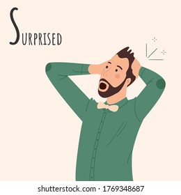 Alphabet Emotions concept. Male character surprised and amazed. Letter S - Surprised. Vector cartoon flat illustration