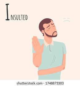 Alphabet Emotions concept. Man is offended and does not talk. Male character insulted and offended. Letter I - Insulted. Vector flat cartoon illustration