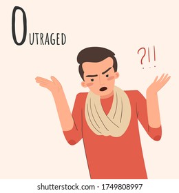 Alphabet Emotions concept. Man raises his hands in indignation. Male character outraged and infuriated. Letter O - outraged. Vector flat cartoon illustration
