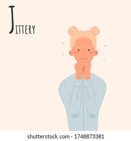 Alphabet Emotions concept. Woman bites her nails and worries. Female character nervous and anxious. Letter J - Jittery . Vector flat cartoon illustration