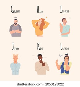 Alphabet of Emotions. Set of characters who are grumpy, happy, insulted, jittery, kind, loathing. Vector collection