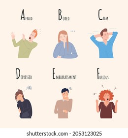 Alphabet of Emotions. Set of characters who are afraid, bored, calm, depressed, embarrassed, furious. Vector collection