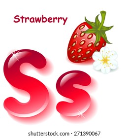 Alphabet. English capital and uppercase letter R, stylized color of crimson juice. berry raspberry. vector illustration